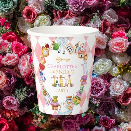 Pink Alice in Wonderland 3rd birthday Papieren Bekers