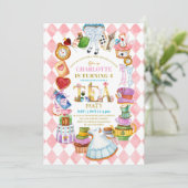 Pink Alice in Wonderland 4th birthday Invitation Kaart (Staand voorkant)