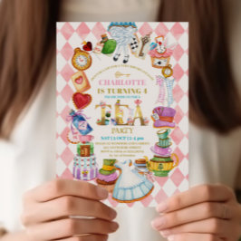 Pink Alice in Wonderland 4th birthday Invitation Kaart