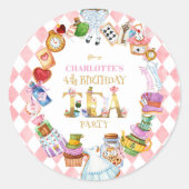 Pink Alice in Wonderland 4th Birthday Ronde Sticker (Voorkant)