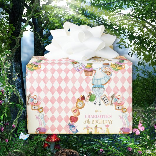 Pink Alice in Wonderland 5th Birthday Cadeaupapier