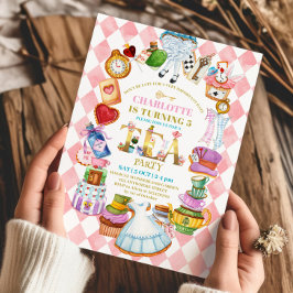 Pink Alice in Wonderland 5th birthday Invitation Kaart