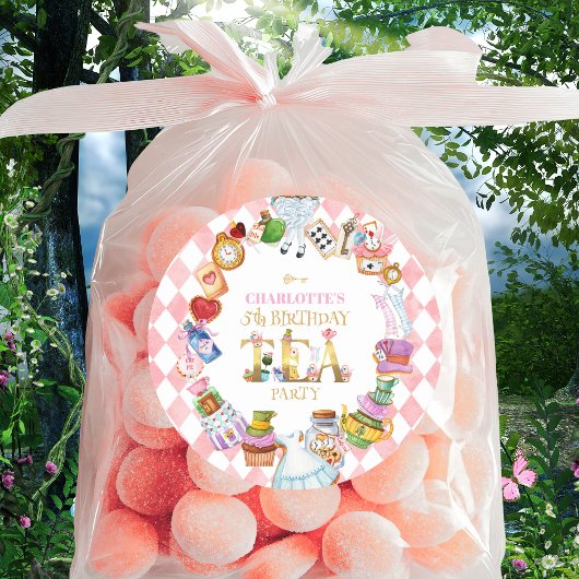Pink Alice in Wonderland 5th Birthday   Ronde Sticker