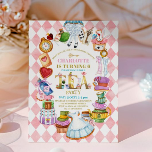 Pink Alice in Wonderland 6th birthday Invitation Kaart