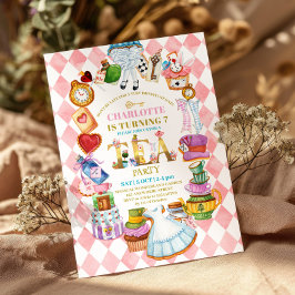 Pink Alice in Wonderland 7th birthday Invitation Kaart