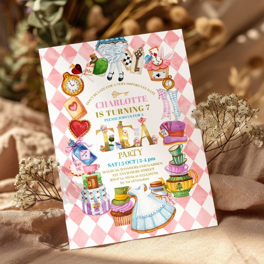 Pink Alice in Wonderland 7th birthday Invitation Kaart