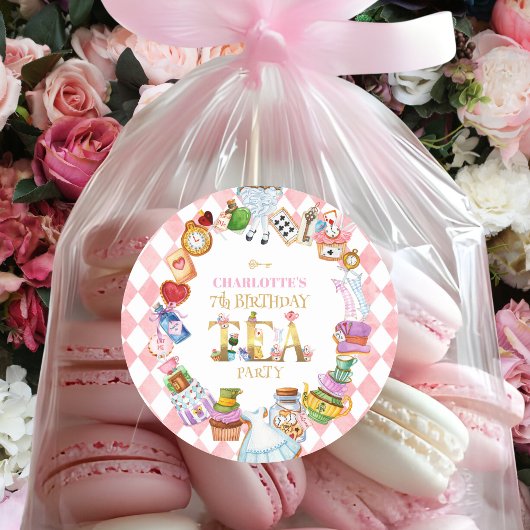 Pink Alice in Wonderland 7th Birthday   Ronde Sticker