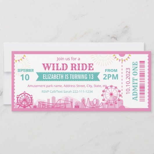 Pink Amusement Park Birthday Invitation Ticket Kaart (Voorkant)