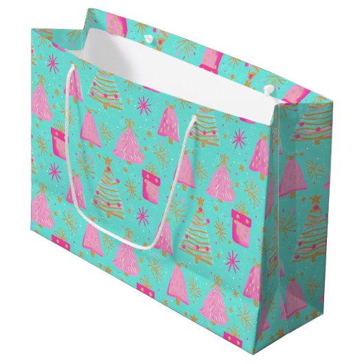 Pink and Aqua Festive Christmas Groot Cadeauzakje (Voorkant Gekanteld)