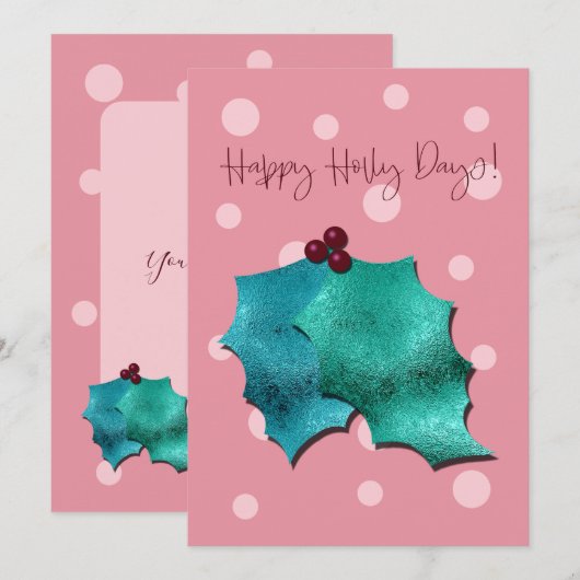 Pink and Aqua Happy Holly Days! Feestdagenkaart (Voorkant / Achterkant)