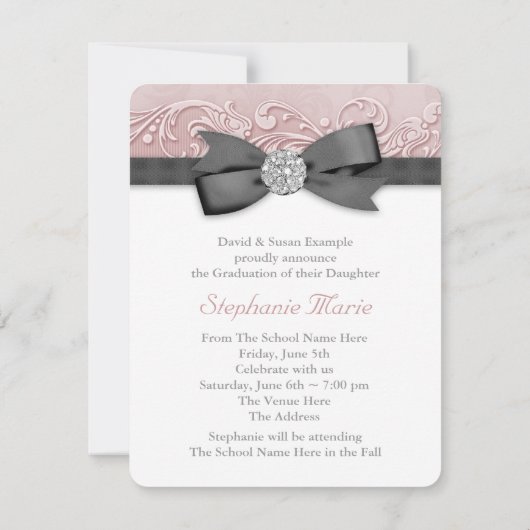 Pink and Black Damask Afstuderen aangekondigd Kaart (Achterkant)