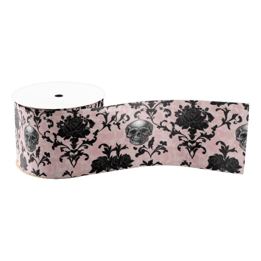 Pink and Black Goth Skulls and Roses Grosgrain Lint (Spoel)