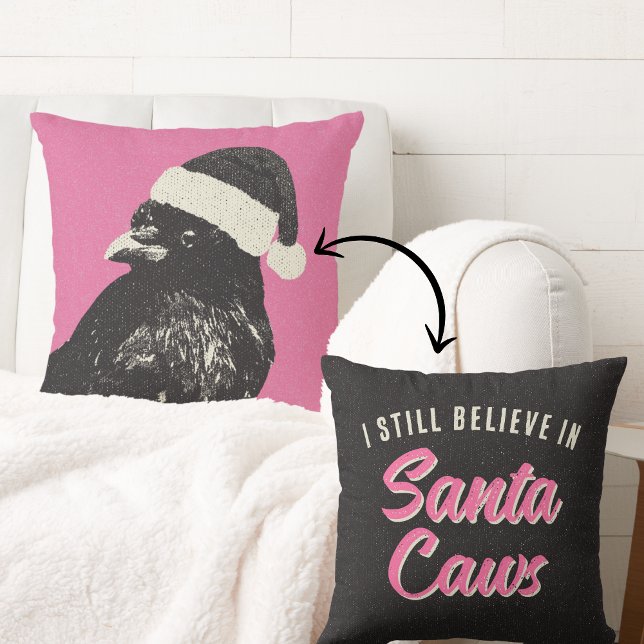 Pink and Black Gothic Crow Believe in Santa Caws  Kussen (Reversible "I still believe in Santa Caws" pink and black Christmas pillow is trendy, funny, & cute!)