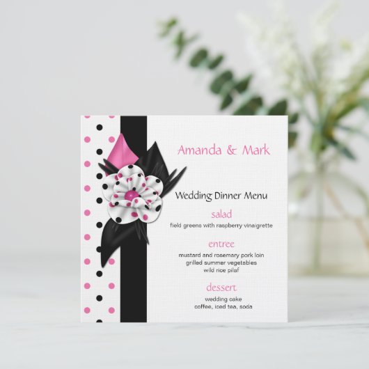 Pink and Black Polka Dots Wedding Menu (Staand voorkant)