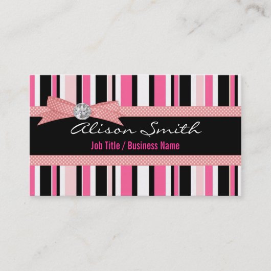 Pink and black stripes with bow visitekaartje (Voorkant)