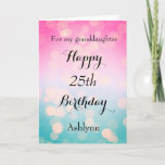 Pink and Blue Bokeh 25th Birthday Kaart<br><div class="desc">A pretty bokeh blue and pink 25th birthday card for granddaughter,  daughter,  niece,  etc. The front of this pretty 25th birthday card can be easily personalized with her name. The inside card message can also be personalized. This would make a beautiful twenty fifth birthday card keepsake for her.</div>