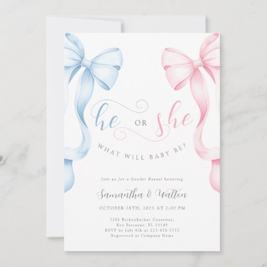 Pink and Blue Bows Gender Reveal Invitation Kaart (Voorkant)