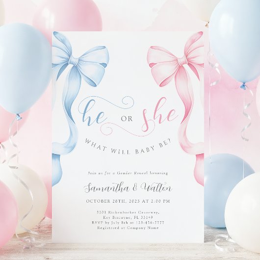 Pink and Blue Bows Gender Reveal Invitation Kaart
