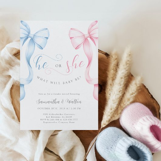 Pink and Blue Bows Gender Reveal Invitation Kaart