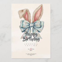 Pink and blue Bunny bow Birthday invitation Kaart