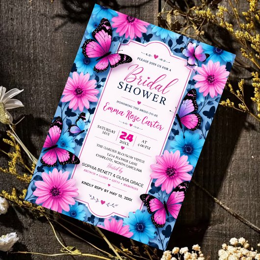 Pink and Blue Butterfly Bridal Shower Invitation Kaart