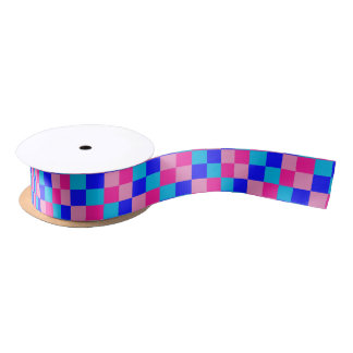 Pink and Blue Checkered Print Satijnen Lint