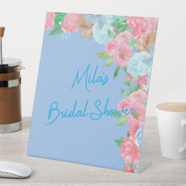 pink and blue floral reclamebord met voetstuk