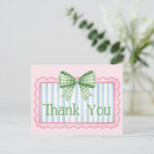 Pink and Blue Frame Green Gingham Bow Thank You Briefkaart (Staand voorkant)