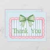 Pink and Blue Frame Green Gingham Bow Thank You Briefkaart (Voorkant / Achterkant)