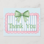 Pink and Blue Frame Green Gingham Bow Thank You Briefkaart (Voorkant)