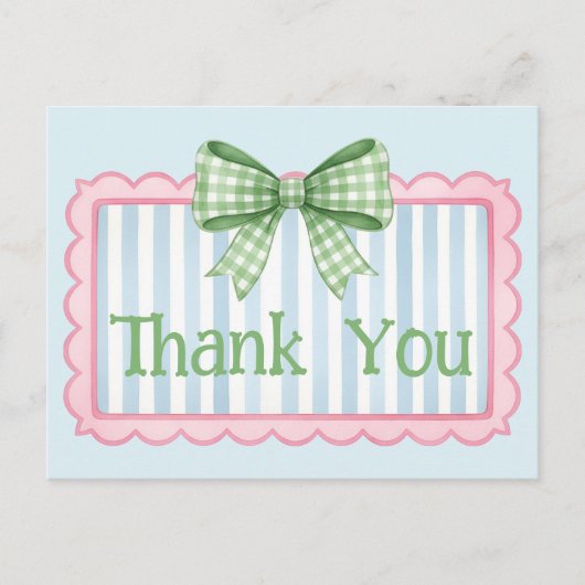 Pink and Blue Frame Green Gingham Bow Thank You Briefkaart (Voorkant)