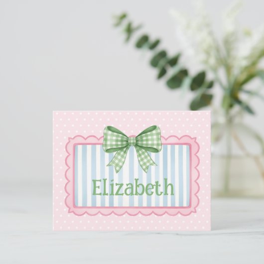 Pink and Blue Frame With Green Gingham Bow Briefkaart (Staand voorkant)