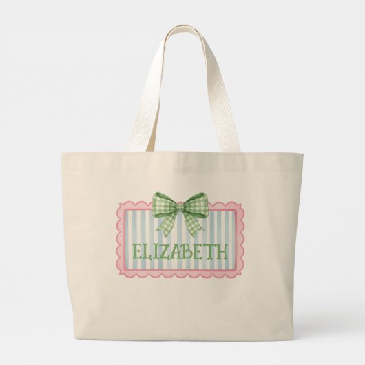 Pink and Blue Frame With Green Gingham Bow Grote Tote Bag (Achterkant)