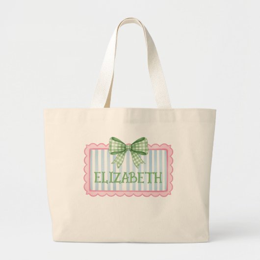 Pink and Blue Frame With Green Gingham Bow Grote Tote Bag (Voorkant)
