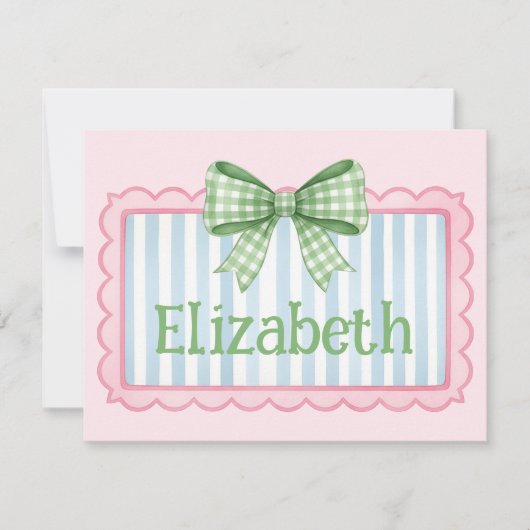 Pink and Blue Frame With Green Gingham Bow Notitiekaartje (Voorkant)