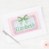 Pink and Blue Frame With Green Gingham Bow Rechthoekige Sticker (Envelop)