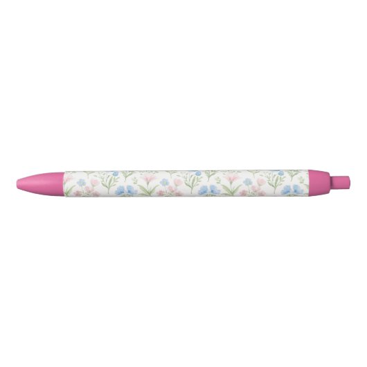Pink and Blue Grandmillennial Floral Zwarte Inkt Pen (Voorkant)
