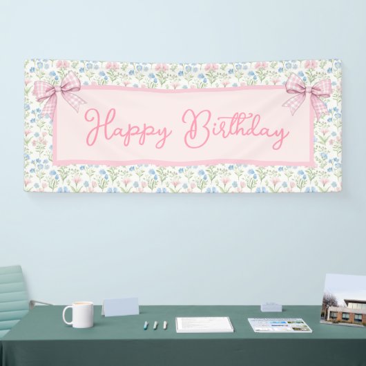 Pink and Blue Grandmillennial Happy Birthday Spandoek (Beurs)