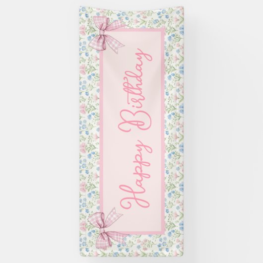 Pink and Blue Grandmillennial Happy Birthday Spandoek (Verticaal)
