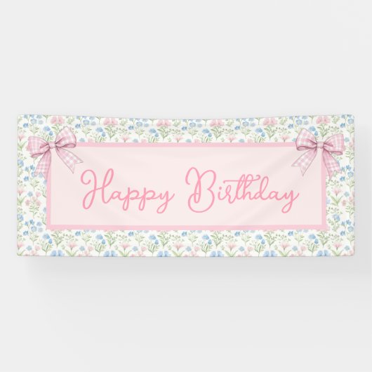 Pink and Blue Grandmillennial Happy Birthday Spandoek (Horizontaal)