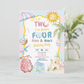 Pink and Blue Groovy Pastel Sibling Beach Party  Kaart (Staand voorkant)