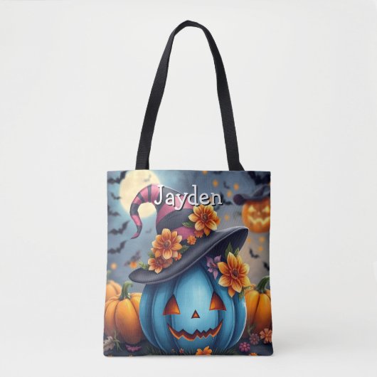 Pink and Blue Halloween Pumpkin Personalized Tote Bag (Voorkant)