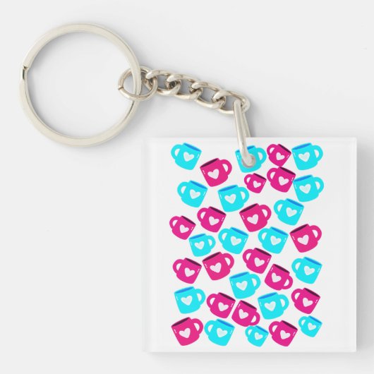 Pink and Blue Heart Cups Pattern Sleutelhanger (voorkant)