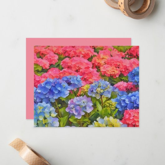 Pink and Blue Hydrangea Flowers Note Card Set Notitiekaartje (Voorkant / Achterkant in situ)