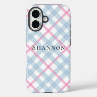 Pink and Blue Plaid Personalized Name iPhone 16 Hoesje