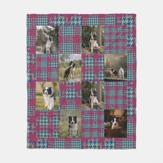 Pink and Blue Teal Plaid 8 Photo Collage Fleece Deken (Voorkant)