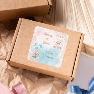 Pink and Blue Twin Teddy Bears on Swing with Cross Vierkante Sticker