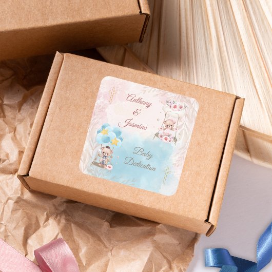 Pink and Blue Twin Teddy Bears on Swing with Cross Vierkante Sticker