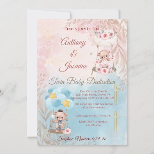 Pink and Blue Twin Teddy Bears on Swing with Photo Kaart (Voorkant)