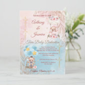 Pink and Blue Twin Teddy Bears on Swing with Photo Kaart (Staand voorkant)